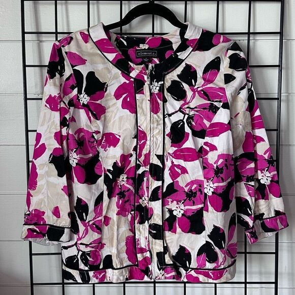 ELEMENTZ Colorful Floral Zip Front Blazer Womens‎ L Fuchsia Shoulder Pads - Picture 1 of 10